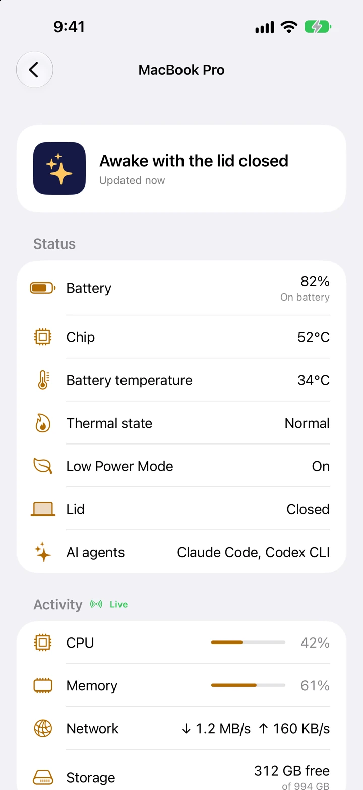 ClamWake Remote app showing Mac status in English