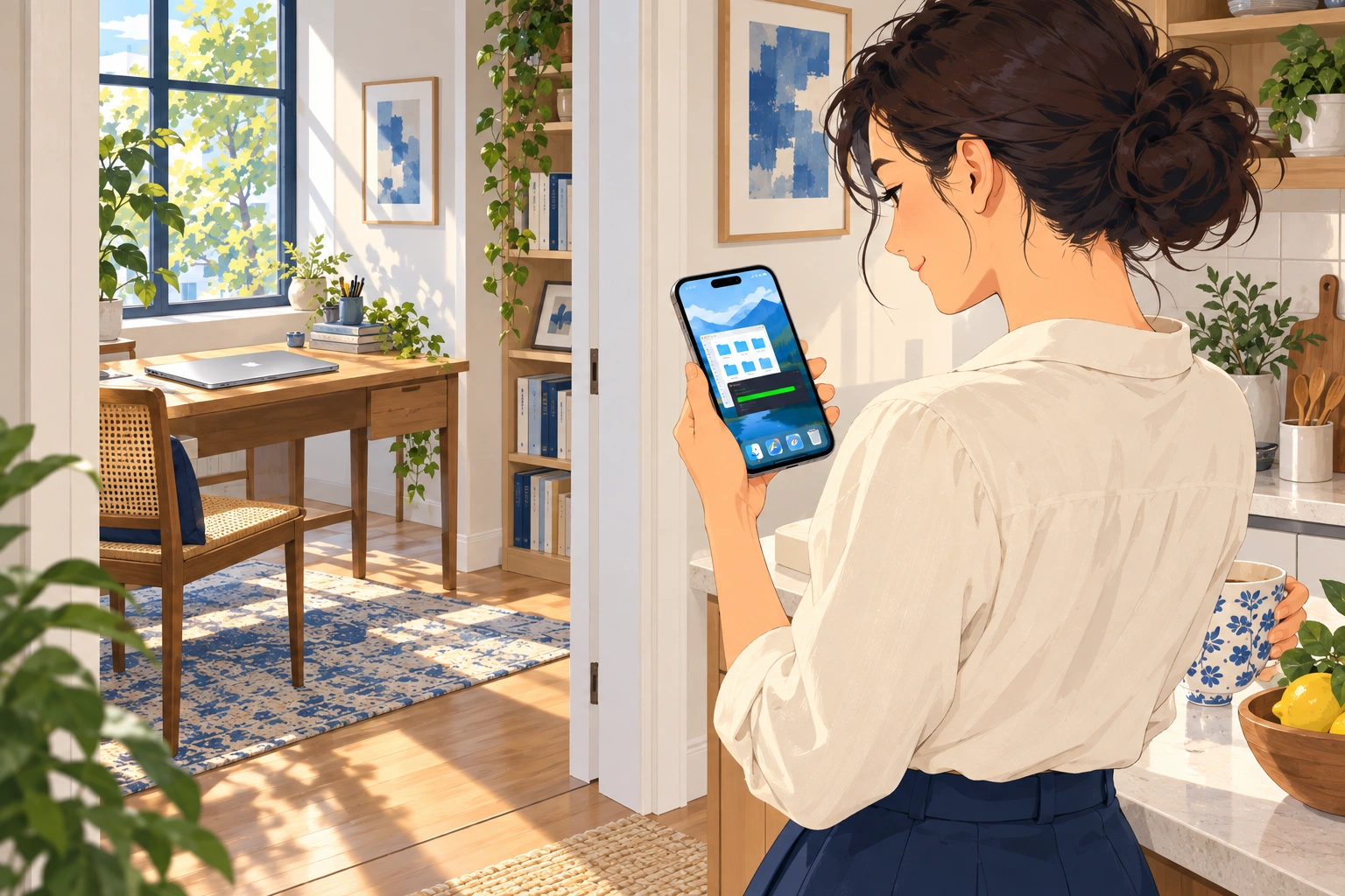 晴れた家のキッチンで女性がiPhoneに映るMacの画面を確認している。開いたドアの向こうの書斎には、ふたを閉じたMacBookがデスクに置かれている。