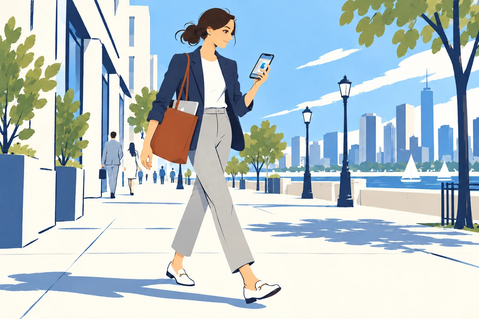 A businesswoman walks along a sunny city street, checking her iPhone. A closed MacBook is tucked inside her shoulder bag.