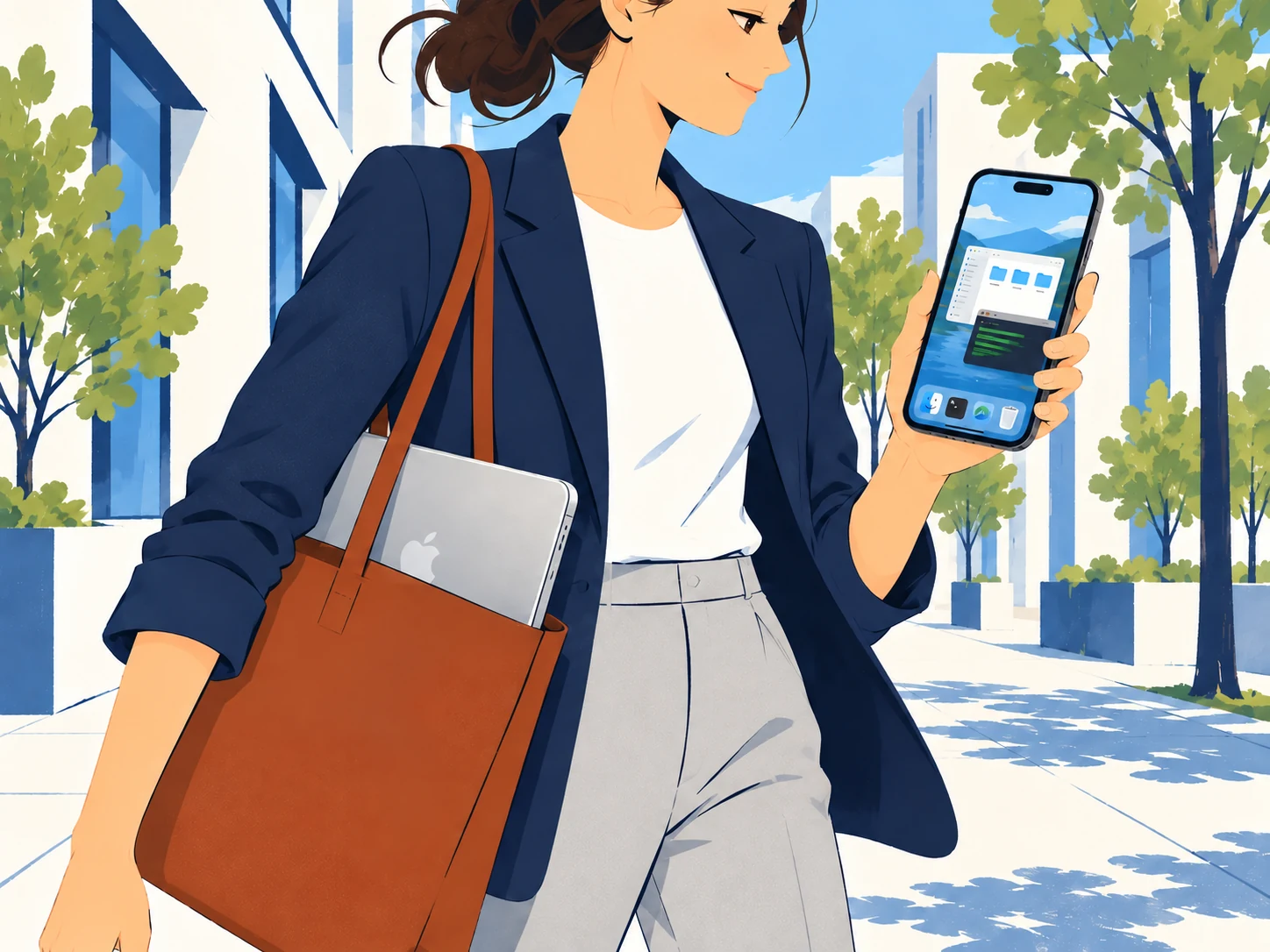 A businesswoman outdoors holds an iPhone showing a Mac desktop. Her closed MacBook stays inside her shoulder bag.