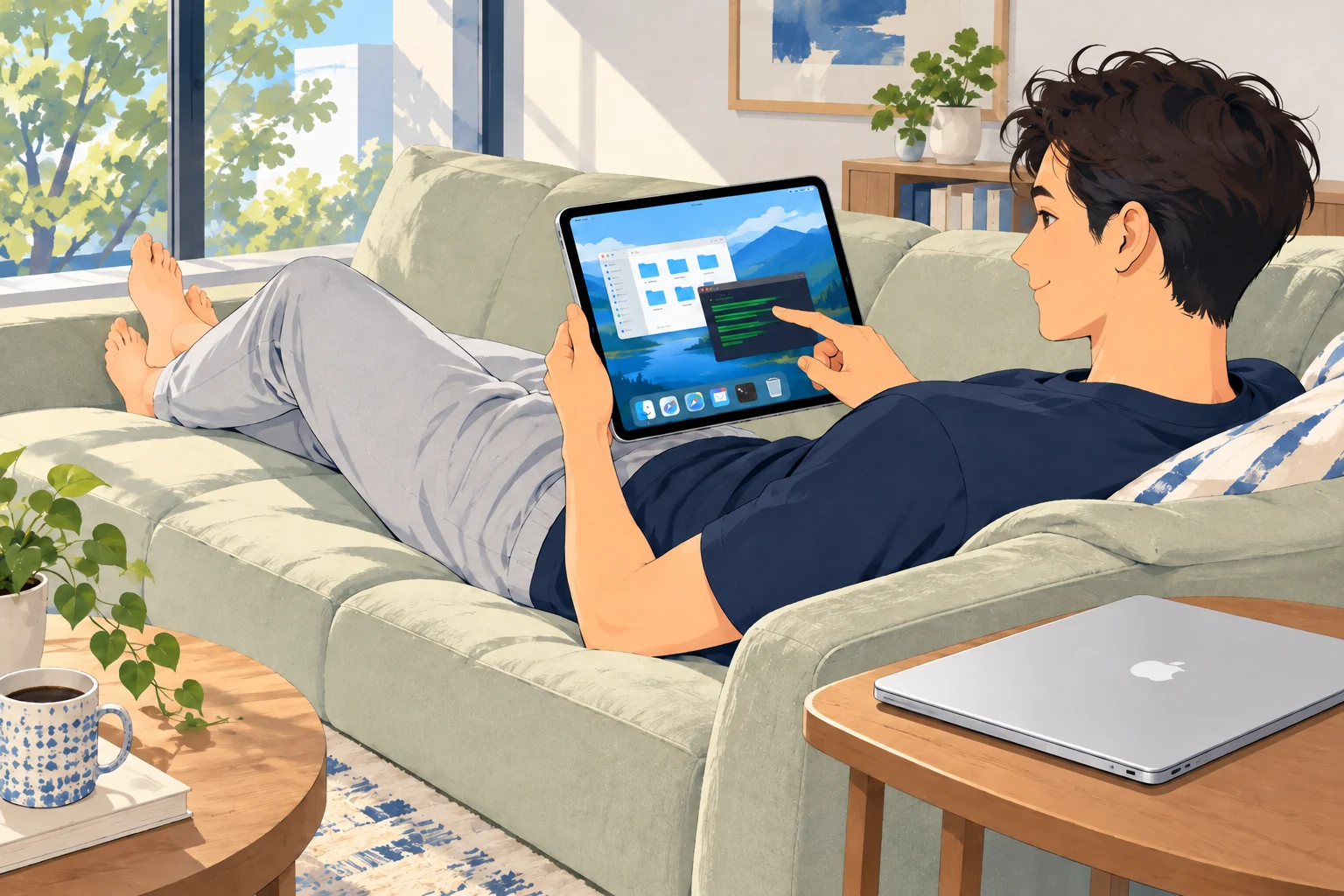 A man reclines lengthwise on a sofa in a sunny living room, tapping a Mac desktop on his iPad. A closed MacBook sits on the side table.